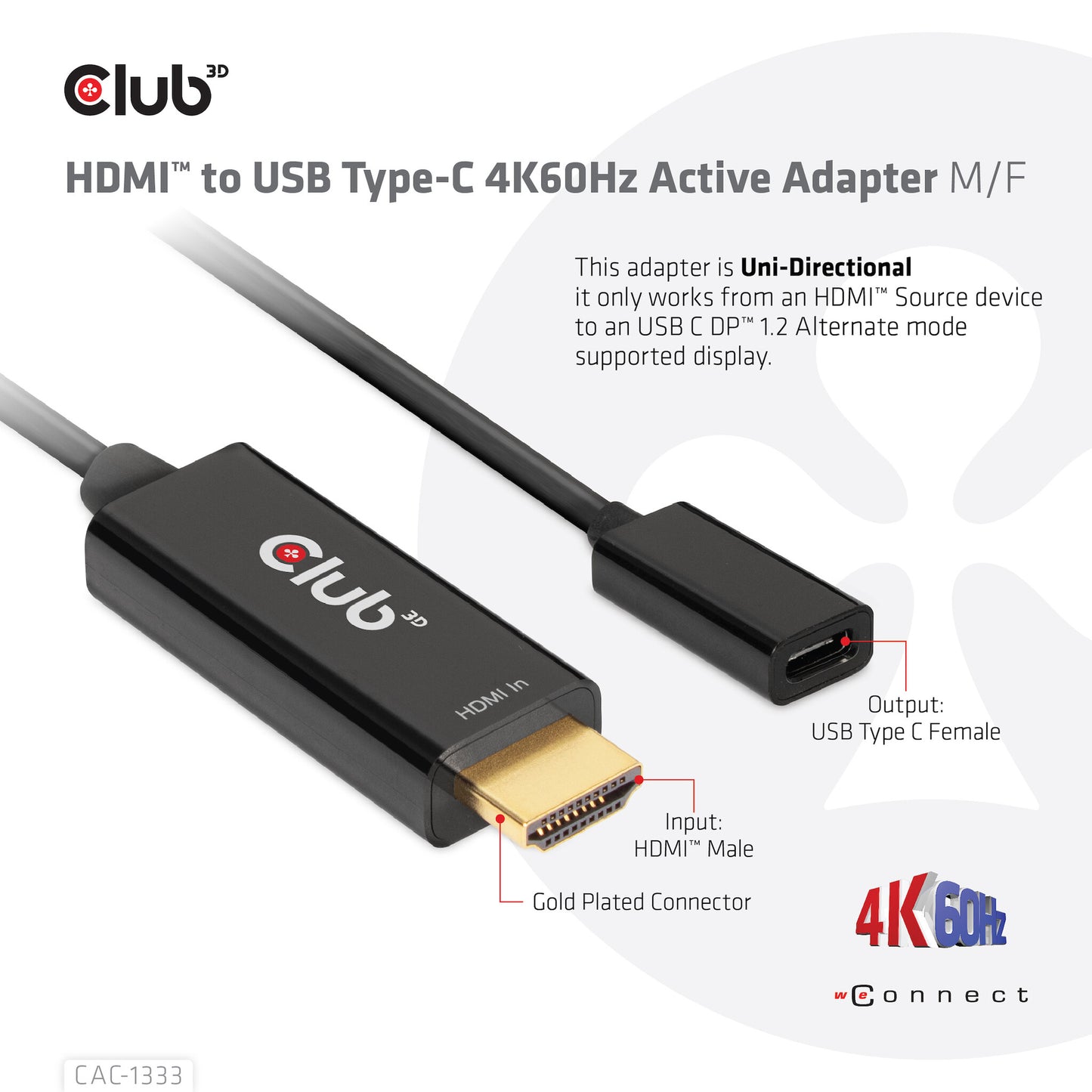 CLUB3D CAC-1333 videokabeladapter 0,22 m HDMI Typ A (standard) USB Type-C Svart