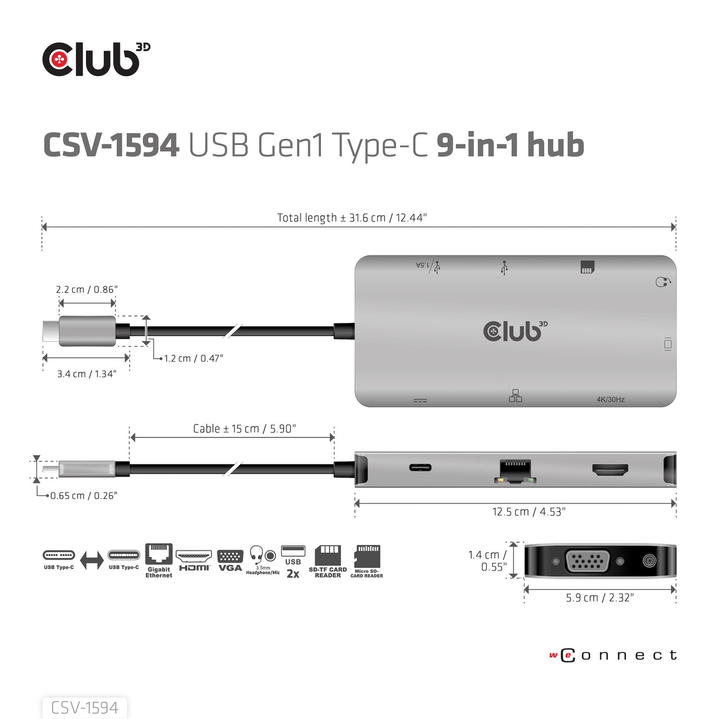 CLUB3D CSV-1594 dockningsstationer för bärbara datorer USB 3.2 Gen 1 (3.1 Gen 1) Type-C Svart, Grå