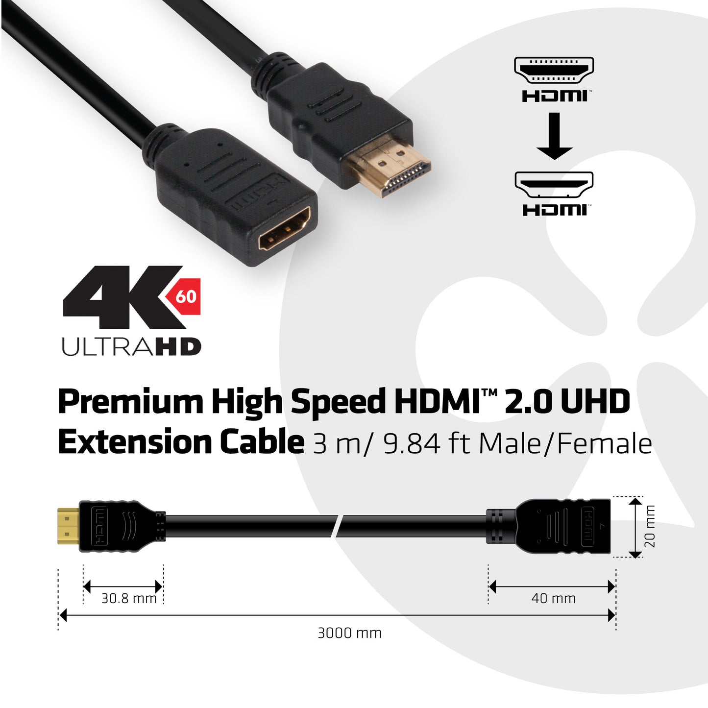 CLUB3D High Speed HDMI™ 2.0 4K60Hz Extension Cable 3m/ 9.8ft Male/Female