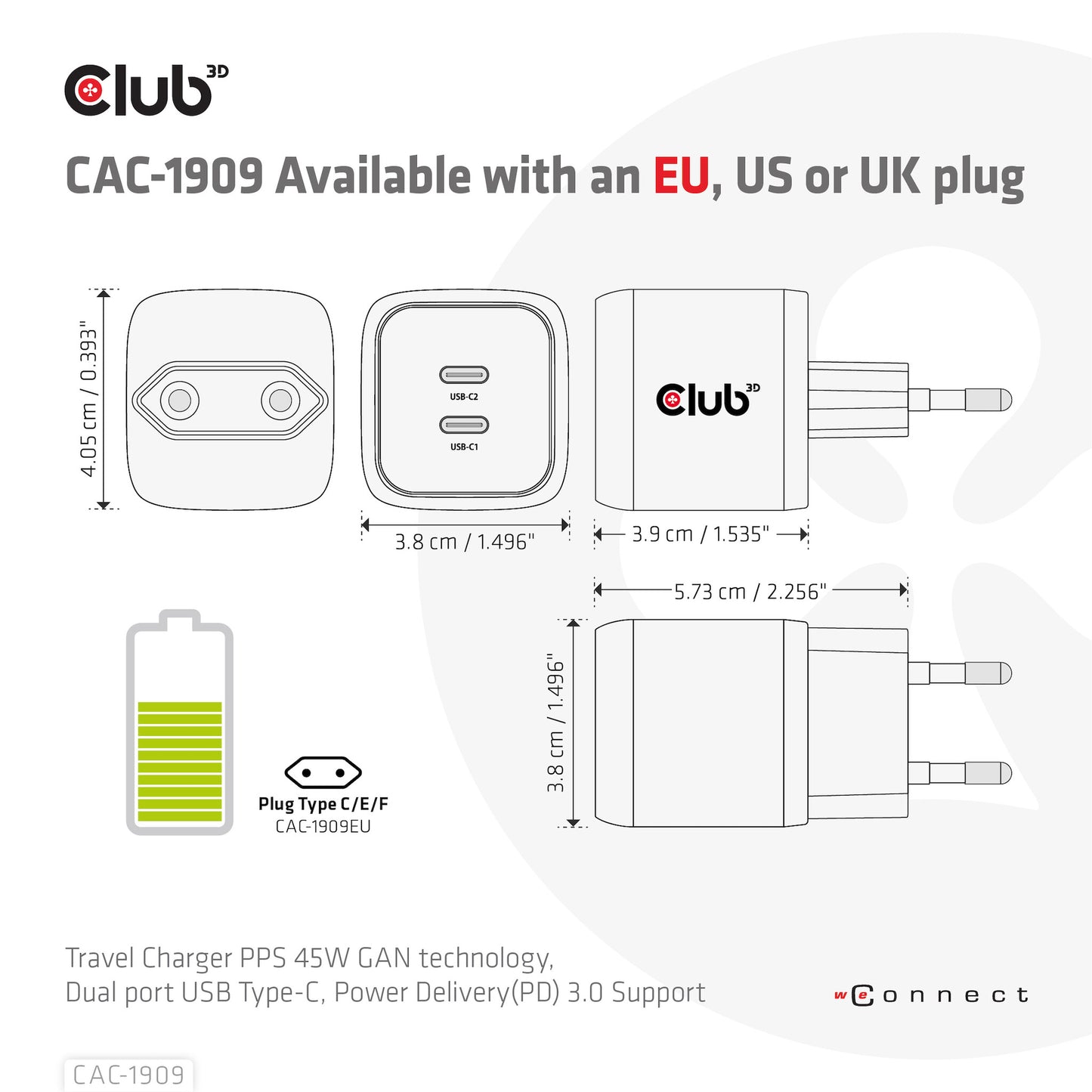 CLUB3D CAC-1909EU mobilladdare Mobiltelefon, Bärbar dator, Smartphone Svart AC inomhus