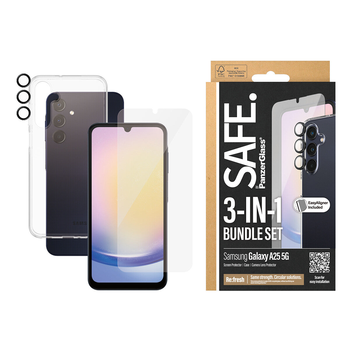PanzerGlass SAFE. by 3-in-1 Pack Samsung New A24 5G Genomskinligt skärmskydd 1 styck