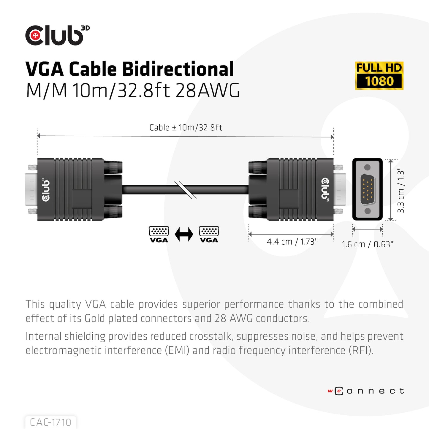 CLUB3D CAC-1710 VGA-kabel 10 m VGA (D-Sub) Svart