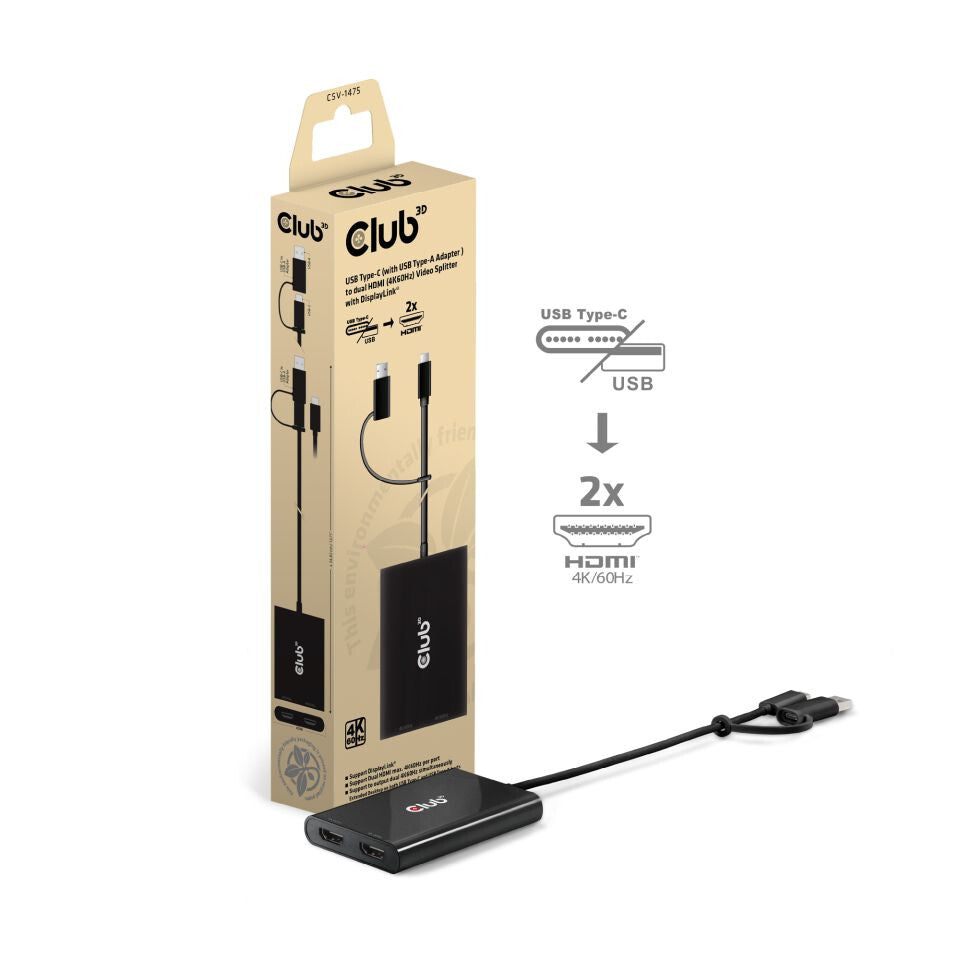 CLUB3D CSV-1475 bilddelare USB Type-C 2x HDMI