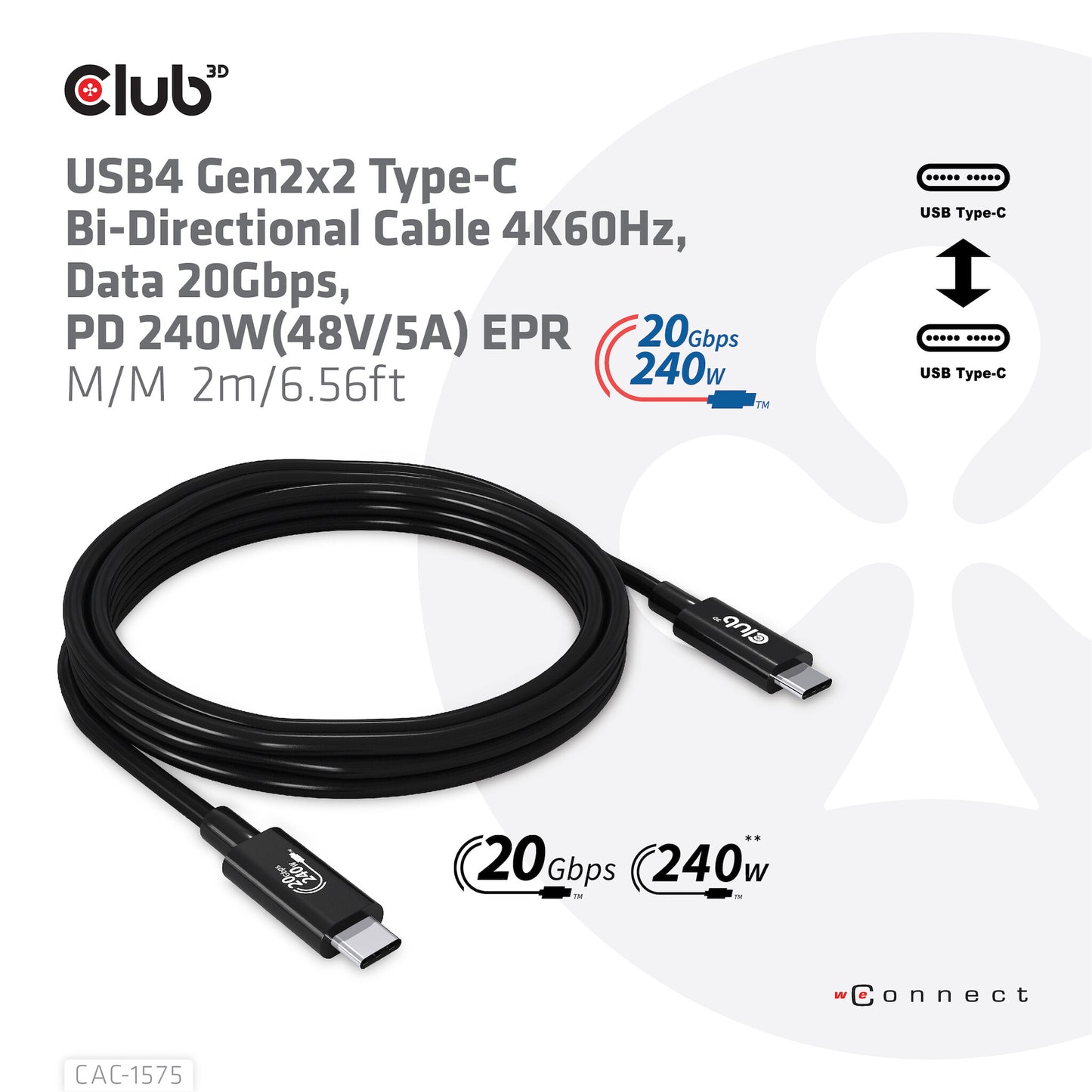 CLUB3D CAC-1575 USB-kablar USB4 Gen 2x2 2 m USB C Svart
