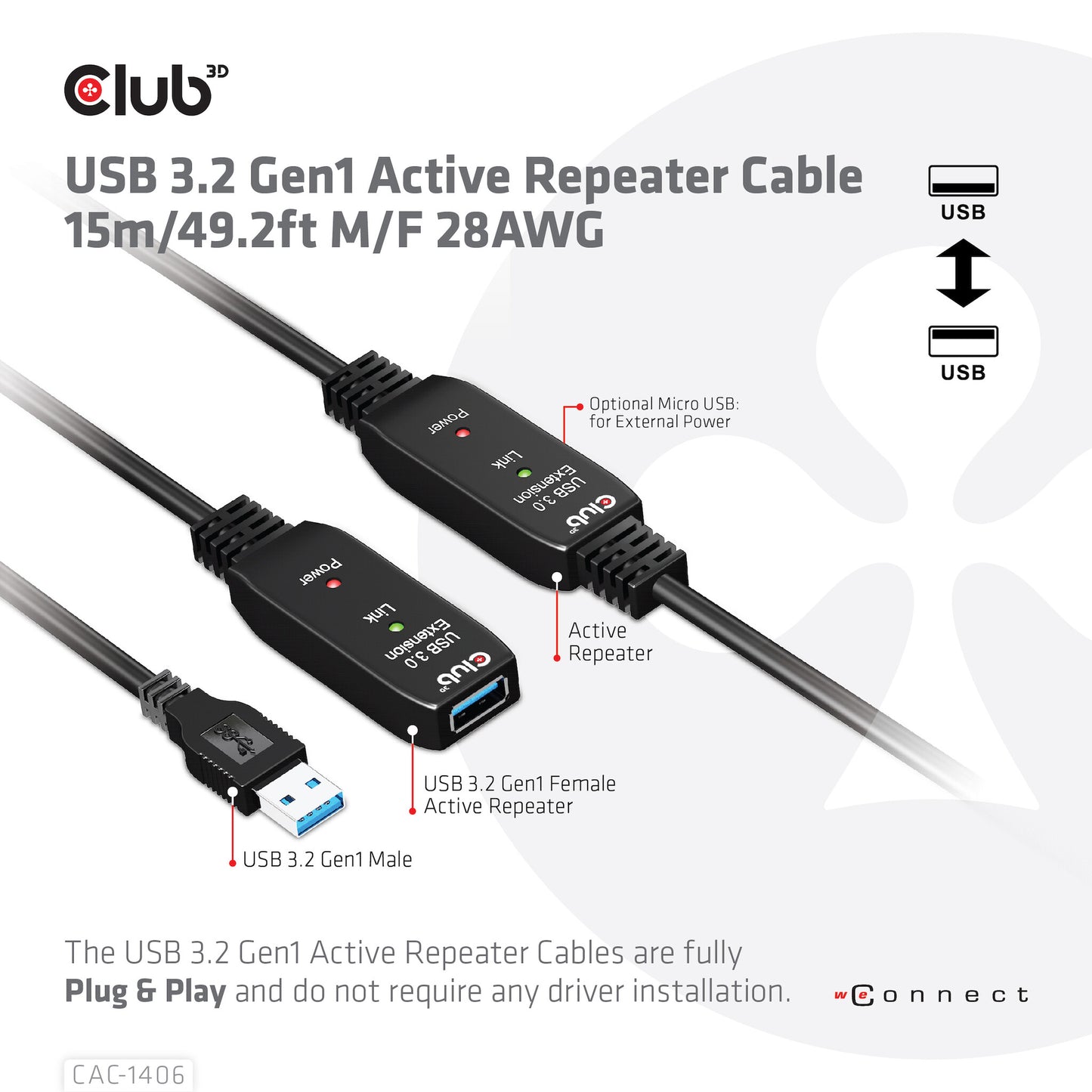 CLUB3D CAC-1406 USB-kablar 15 m USB 3.2 Gen 1 (3.1 Gen 1) USB A Svart