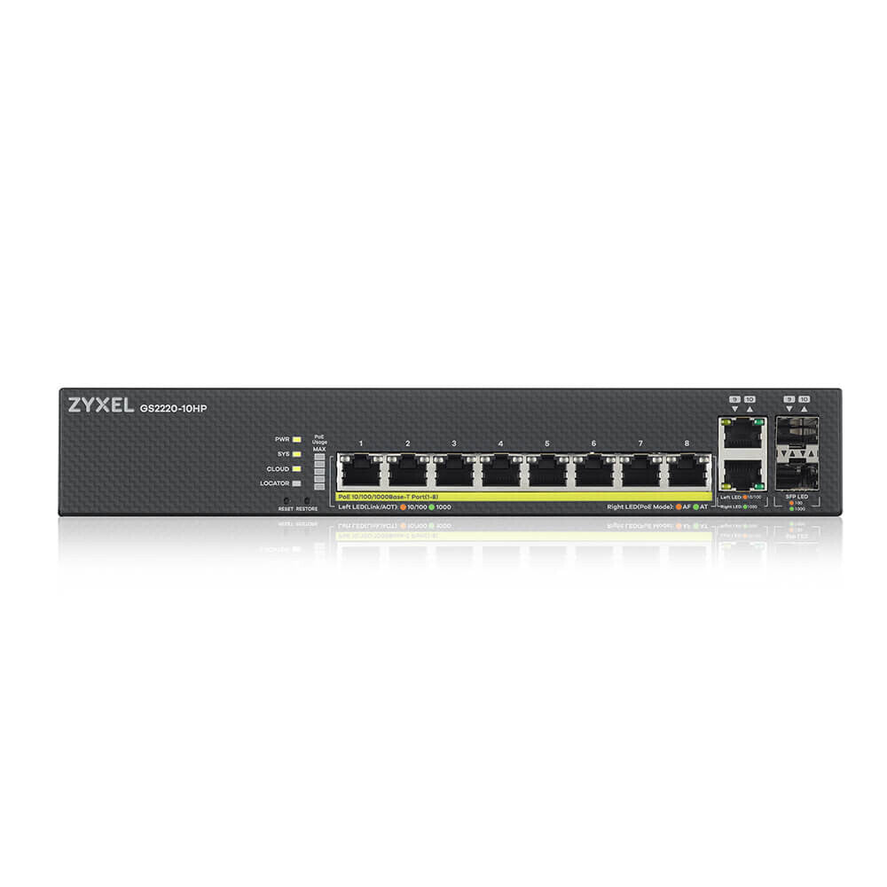 Zyxel GS2220-10HP-EU0101F nätverksswitchar hanterad L2 Gigabit Ethernet (10/100/1000) Strömförsörjning via Ethernet (PoE) stöd Svart