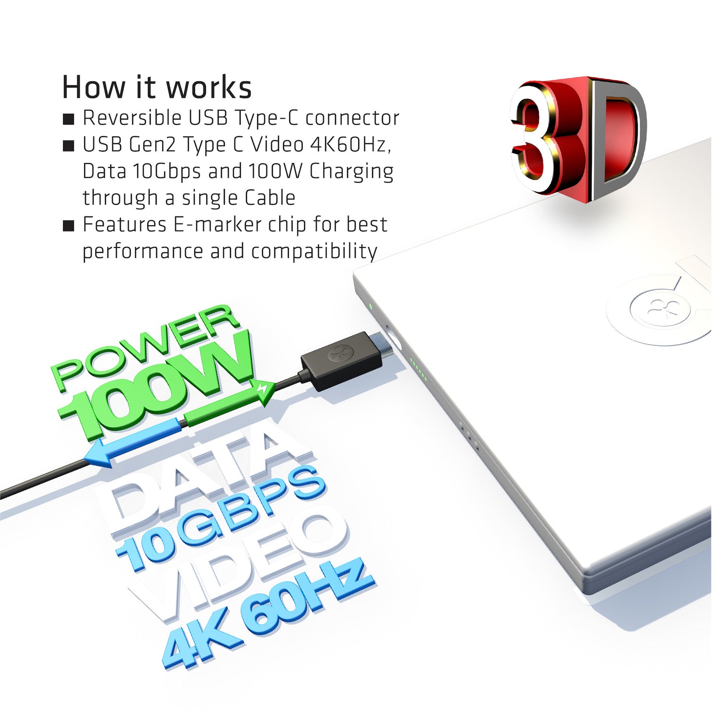 CLUB3D USB Type-C Cable M/M 0.8Meter Active PD ~100Watt 4K60Hz