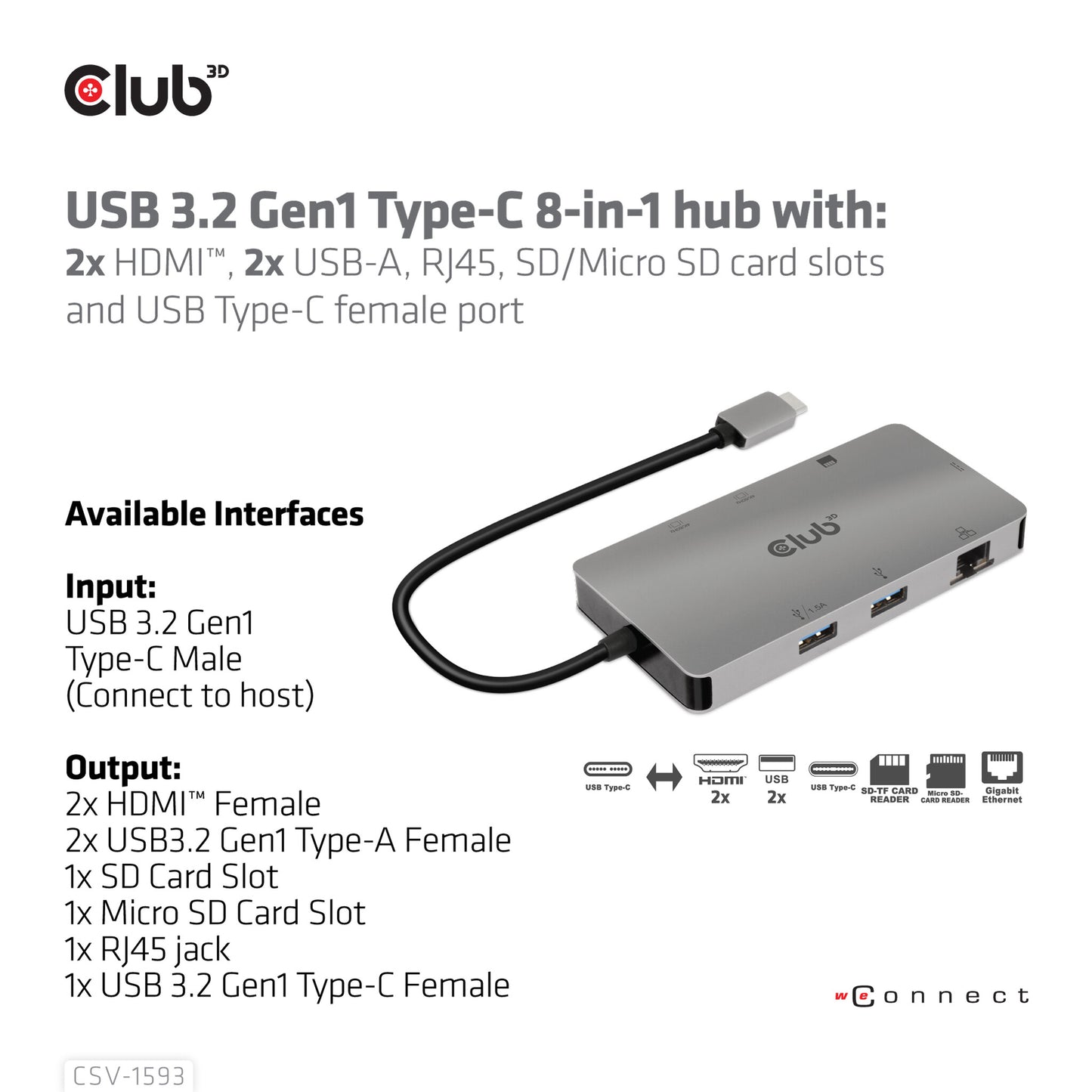 CLUB3D CSV-1593 gränssnittshubbar USB 3.2 Gen 1 (3.1 Gen 1) Type-C 16200 Mbit/s Metallisk