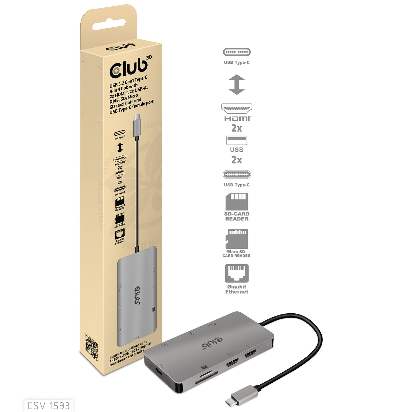 CLUB3D CSV-1593 gränssnittshubbar USB 3.2 Gen 1 (3.1 Gen 1) Type-C 16200 Mbit/s Metallisk