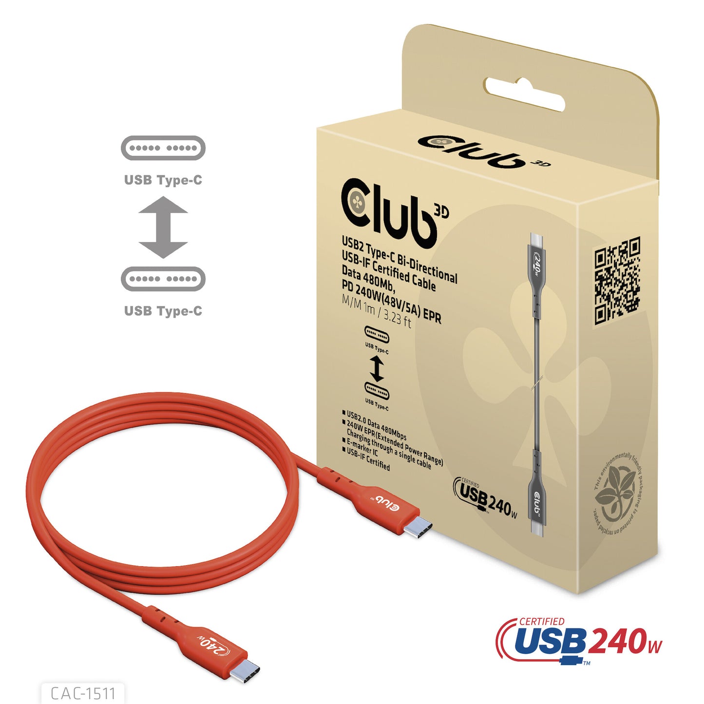 CLUB3D CAC-1511 USB-kablar 1 m USB 2.0 USB C Orange