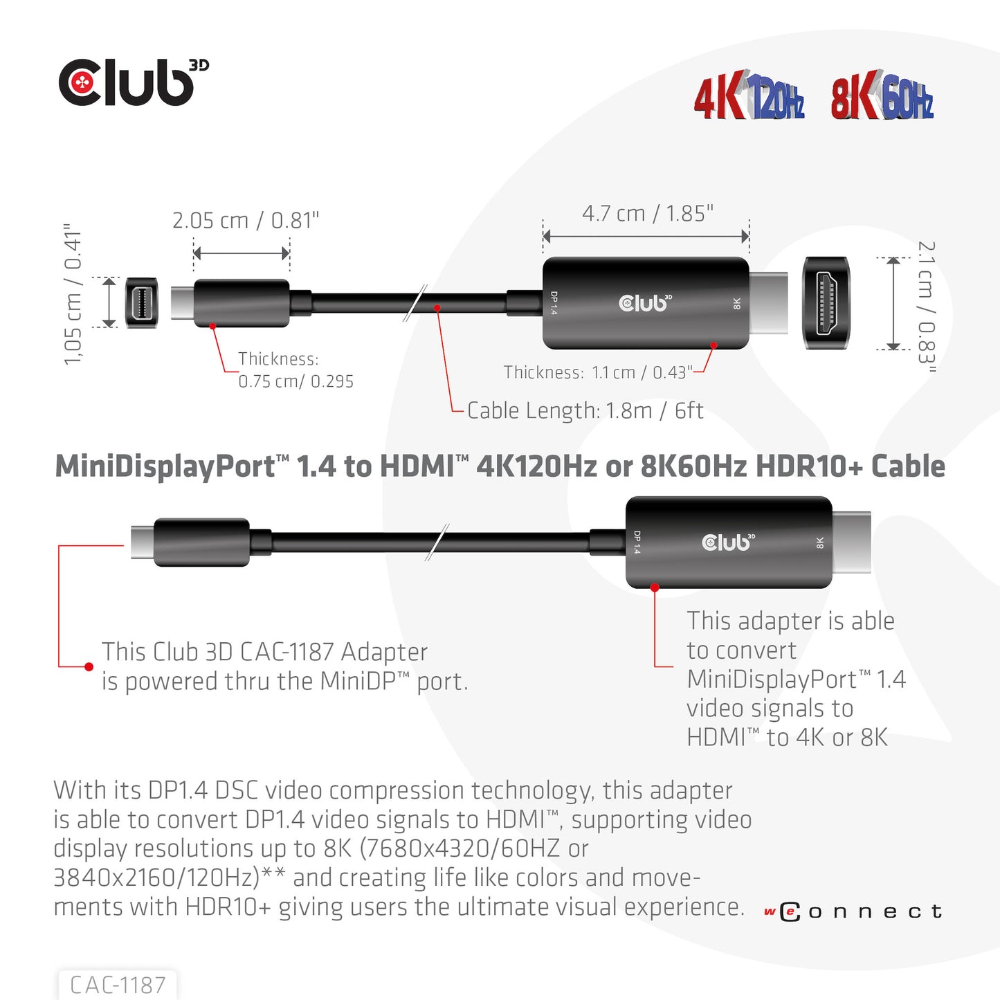 CLUB3D CAC-1187 videokabeladapter 1,8 m Mini DisplayPort HDMI Svart