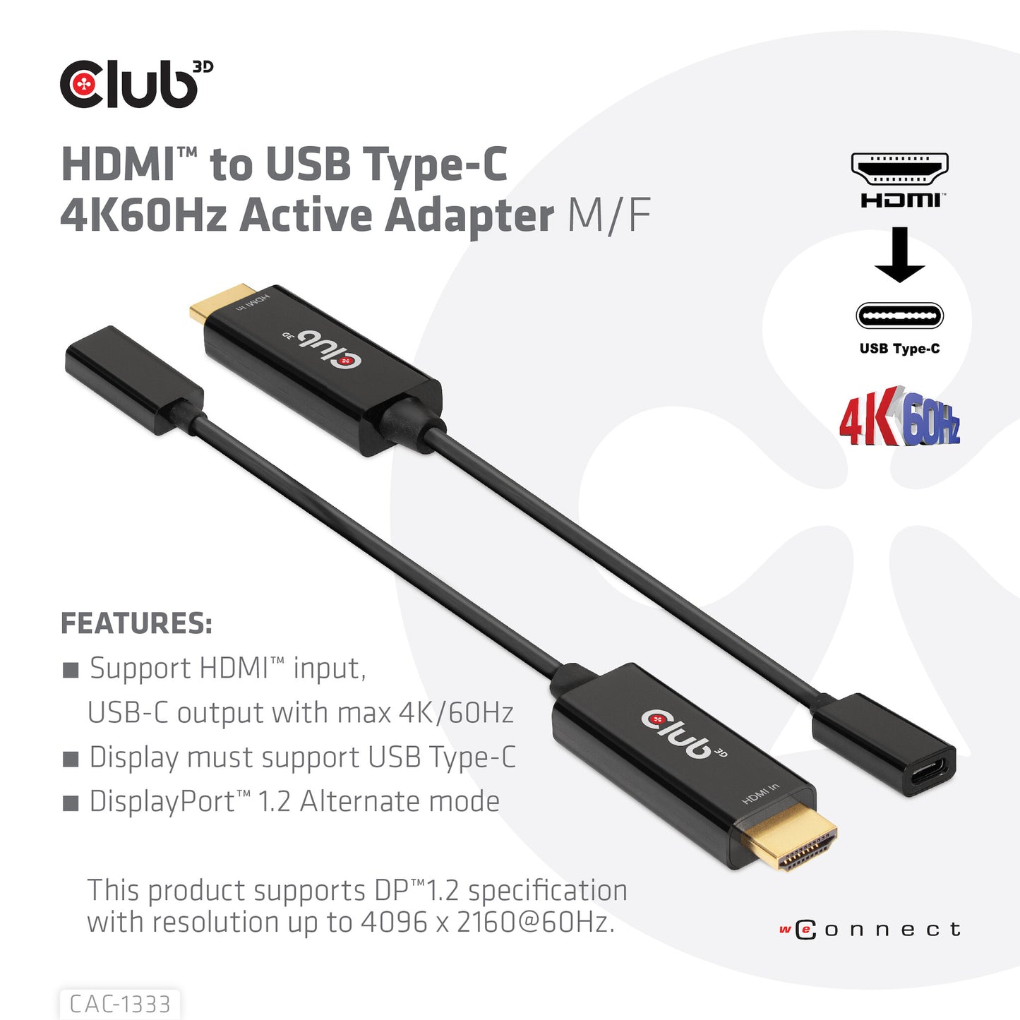 CLUB3D CAC-1333 videokabeladapter 0,22 m HDMI Typ A (standard) USB Type-C Svart