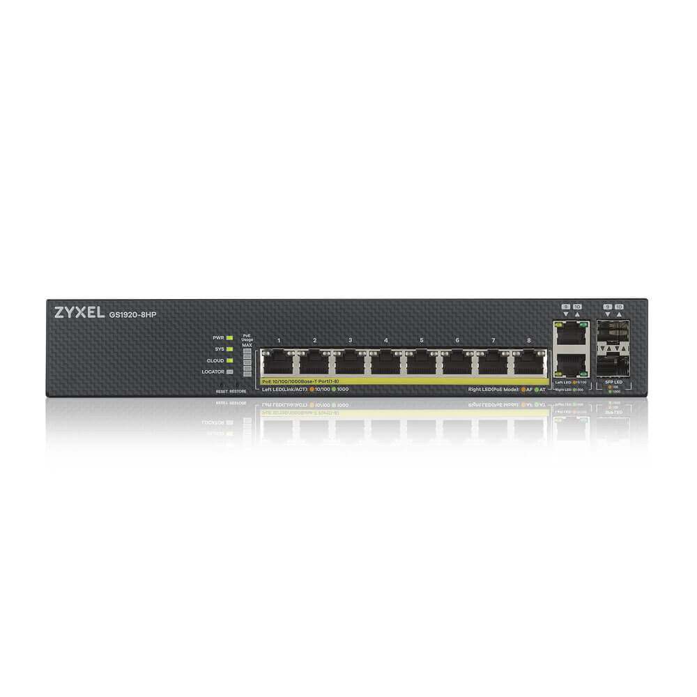Zyxel GS1920-8HPV2 hanterad Gigabit Ethernet (10/100/1000) Strömförsörjning via Ethernet (PoE) stöd Svart