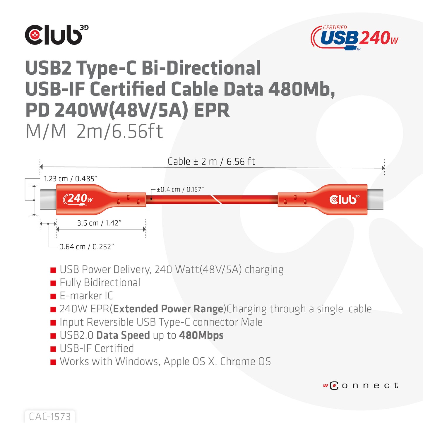 CLUB3D CAC-1573 USB-kablar 2 m USB4 Gen 2x2 USB C Röd