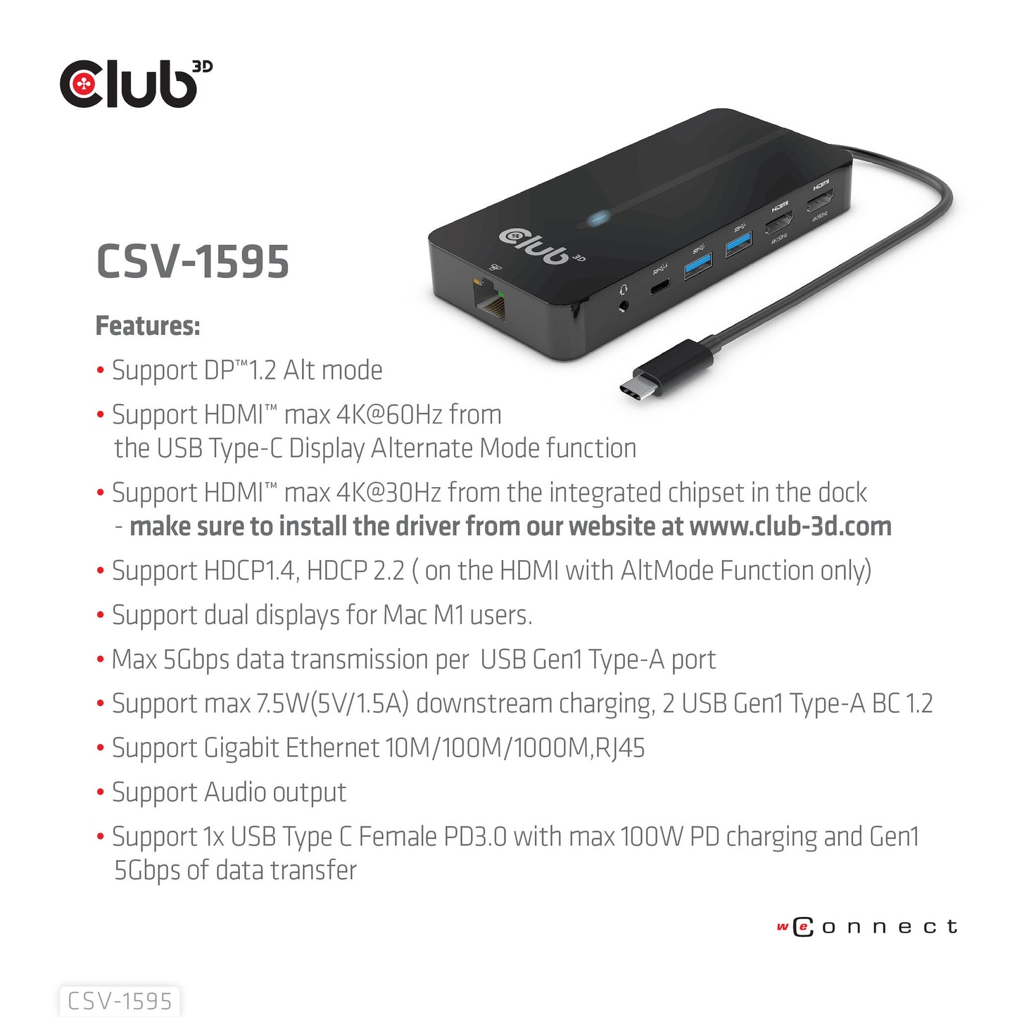 CLUB3D CSV-1595 dockningsstationer för bärbara datorer USB 3.2 Gen 1 (3.1 Gen 1) Type-C Svart