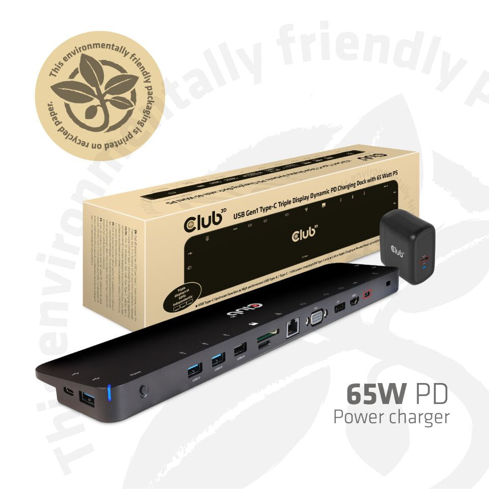 CLUB3D CSV-1564W65 dockningsstationer för bärbara datorer Dockning USB 3.2 Gen 1 (3.1 Gen 1) Type-C Svart
