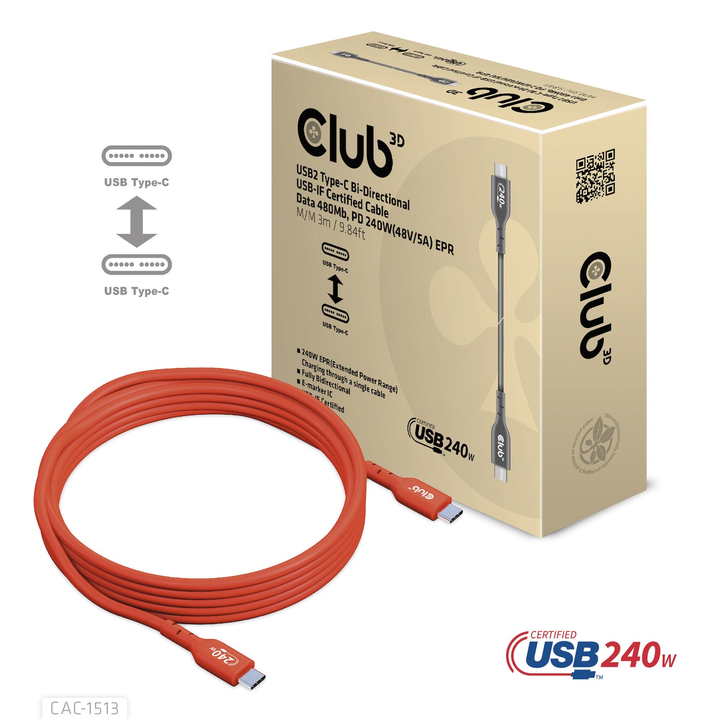 CLUB3D CAC-1513 USB-kablar 3 m USB 2.0 USB C Orange
