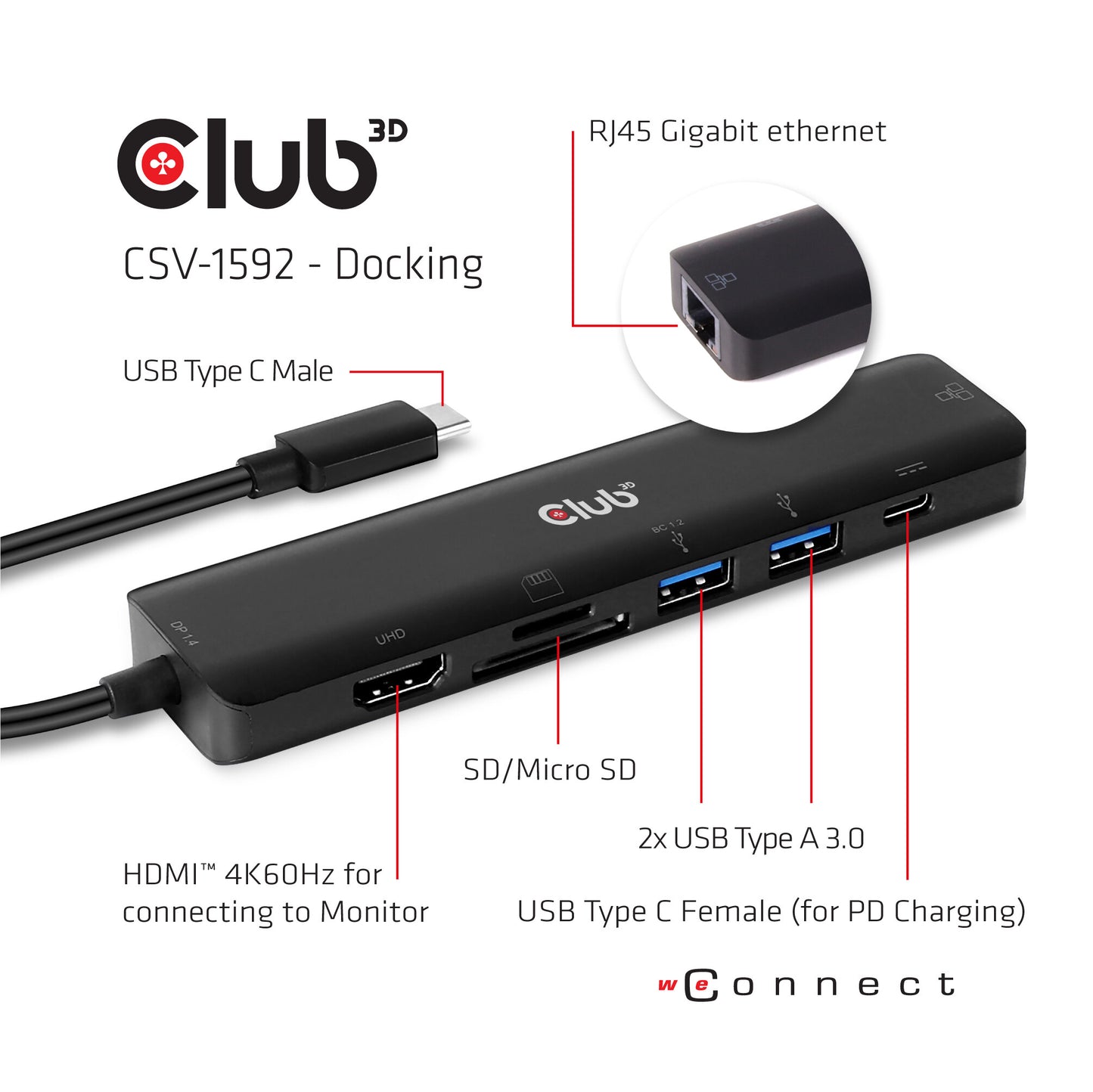 CLUB3D CSV-1592 dockningsstationer för bärbara datorer Dockning USB 3.2 Gen 1 (3.1 Gen 1) Type-C Svart