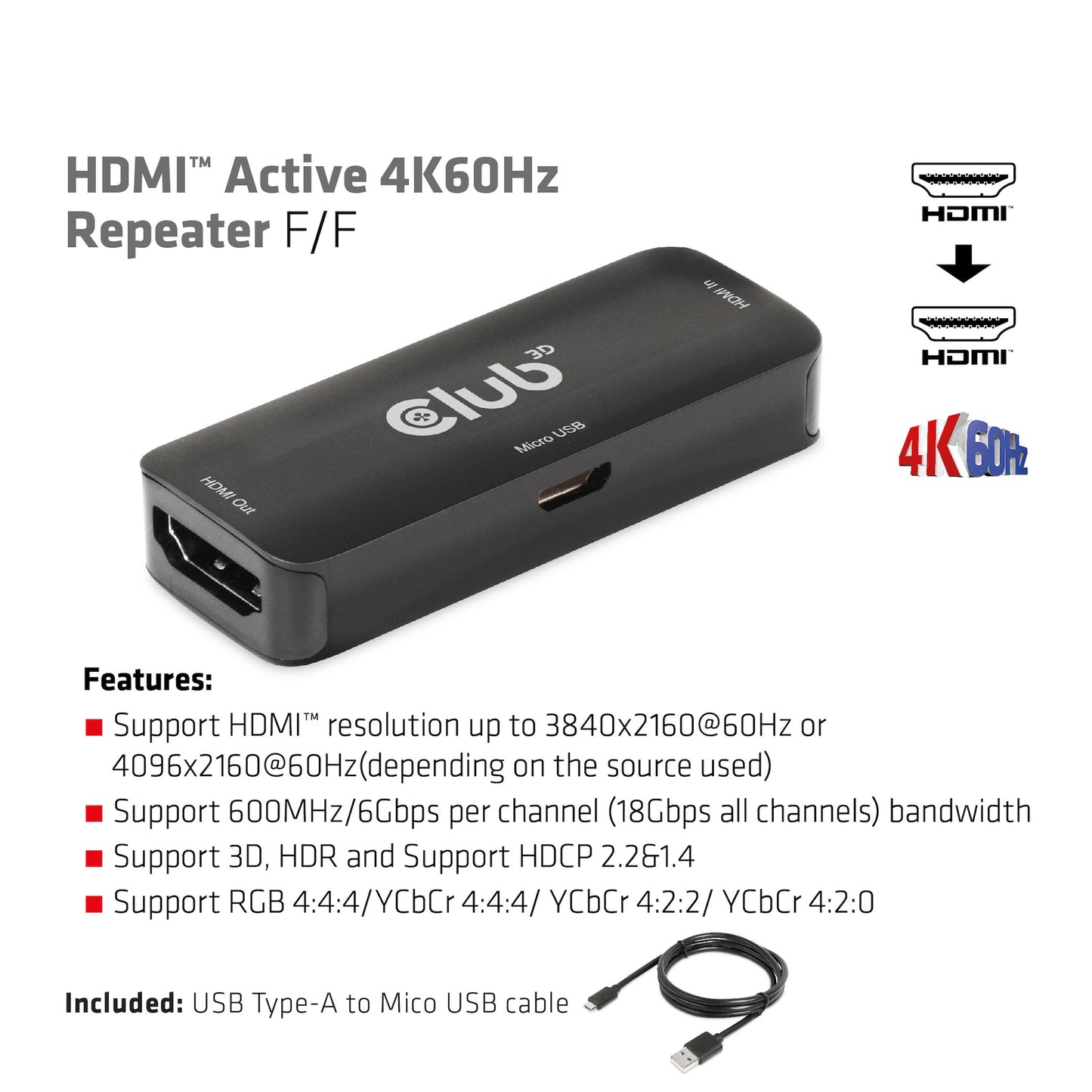 CLUB3D HDMI Active 4K60Hz Repeater F/F