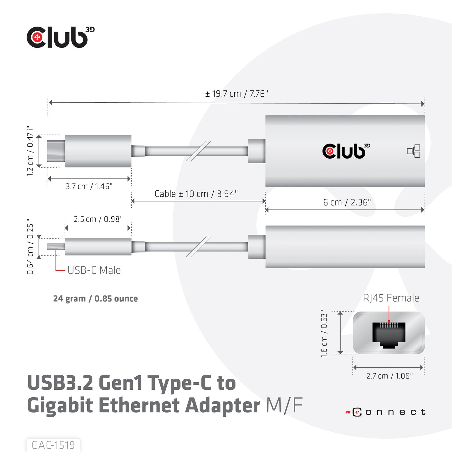 CLUB3D CAC-1519 kabelomvandlare (hane/hona) USB-C RJ-45 Vit