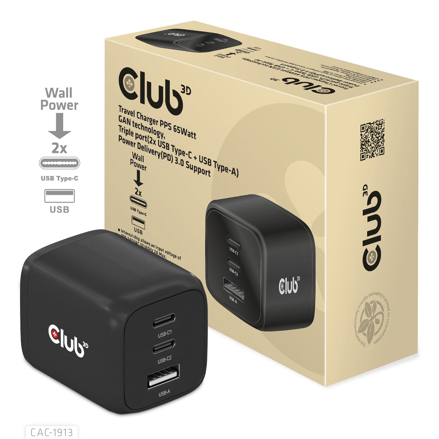 CLUB3D CAC-1913 mobilladdare Mobiltelefon, Bärbar dator, Smartphone, Universal Svart AC Snabb laddning inomhus