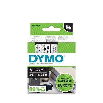 DYMO D1 - Standardpolyesteretiketter - Svart på vitt - 9mm x 7m