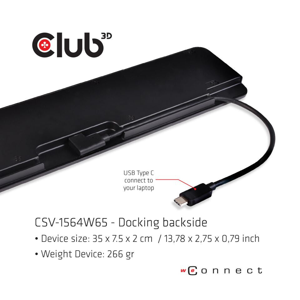 CLUB3D CSV-1564W65 dockningsstationer för bärbara datorer Dockning USB 3.2 Gen 1 (3.1 Gen 1) Type-C Svart
