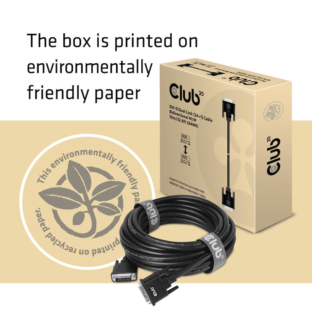 CLUB3D DVI-D DUAL LINK (24+1) CABLE BI DIRECTIONAL M/M 10m 32.8 ft 28AWG Svart