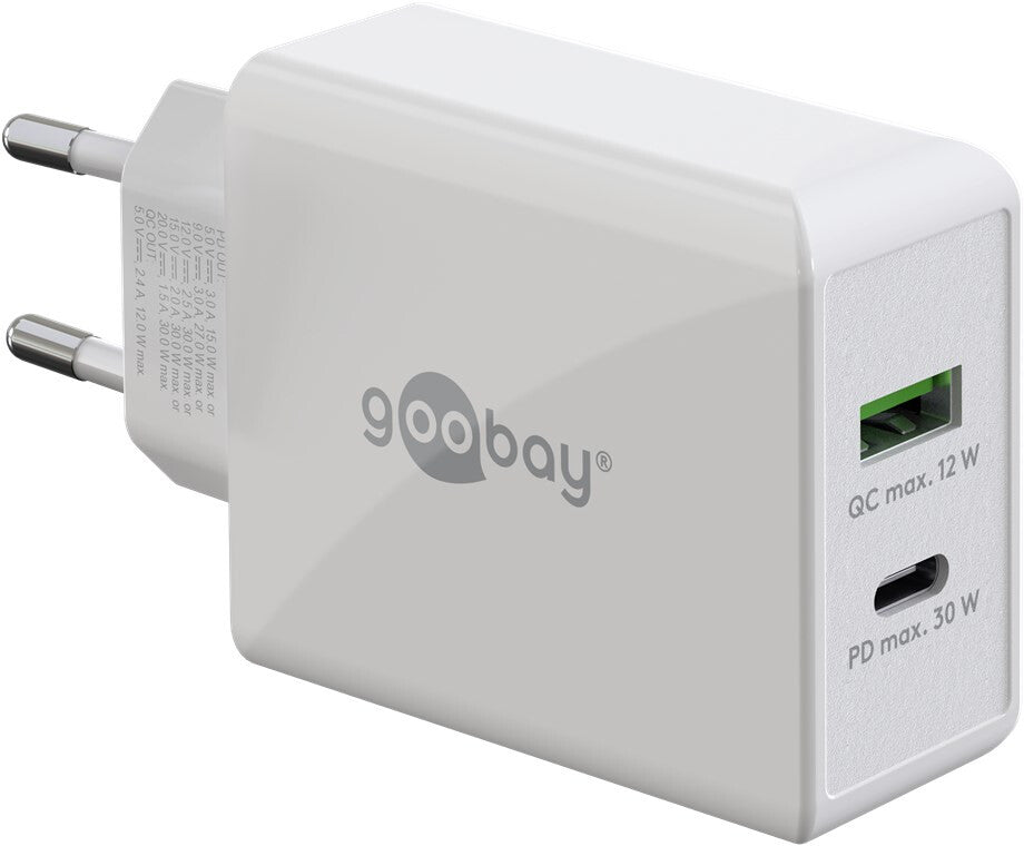 Goobay 61674 mobilladdare Hörlurar, Mobiltelefon, Smartphone Vit AC Snabb laddning inomhus