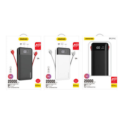 DUDAO Išorine baterija Power Bank Dudao K1Pro su imontuotais laidais MicroUSB+Type-C+Lightning 20000mAh balta