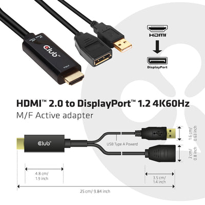 CLUB3D HDMI 2.0 TO DISPLAYPORT 1.2 4K60HZ HDR M/F ACTIVE ADAPTER Svart