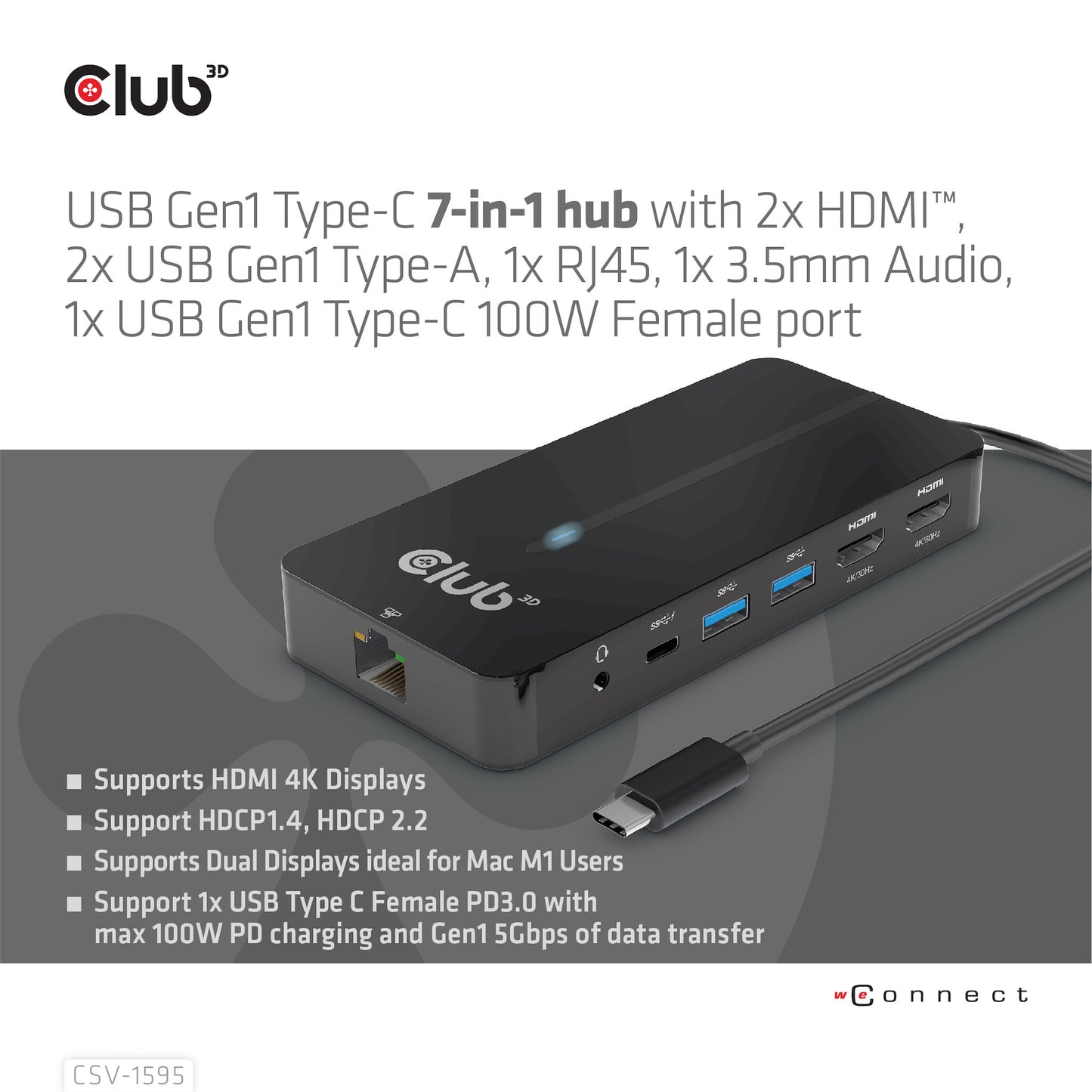 CLUB3D CSV-1595 dockningsstationer för bärbara datorer USB 3.2 Gen 1 (3.1 Gen 1) Type-C Svart