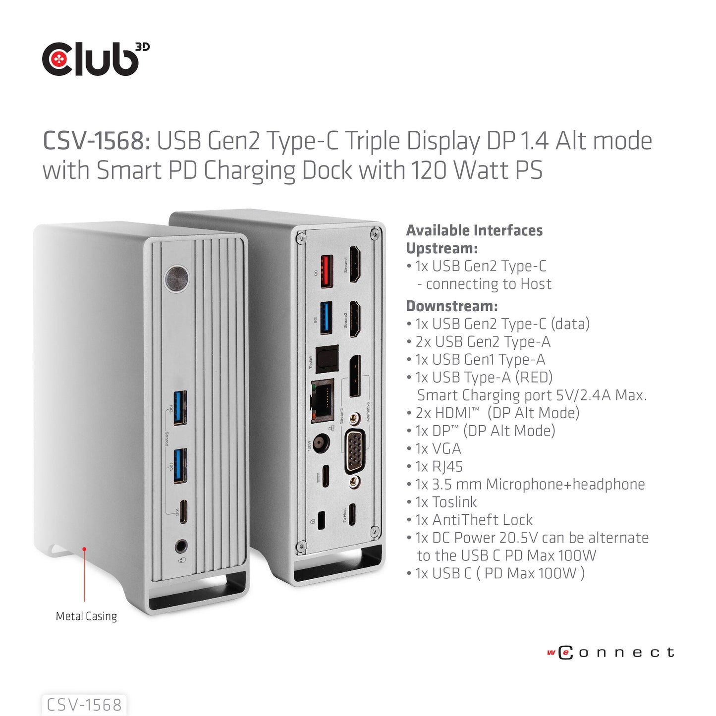 CLUB3D CSV-1568 dockningsstationer för bärbara datorer Dockning USB 3.2 Gen 2 (3.1 Gen 2) Type-C Metallisk