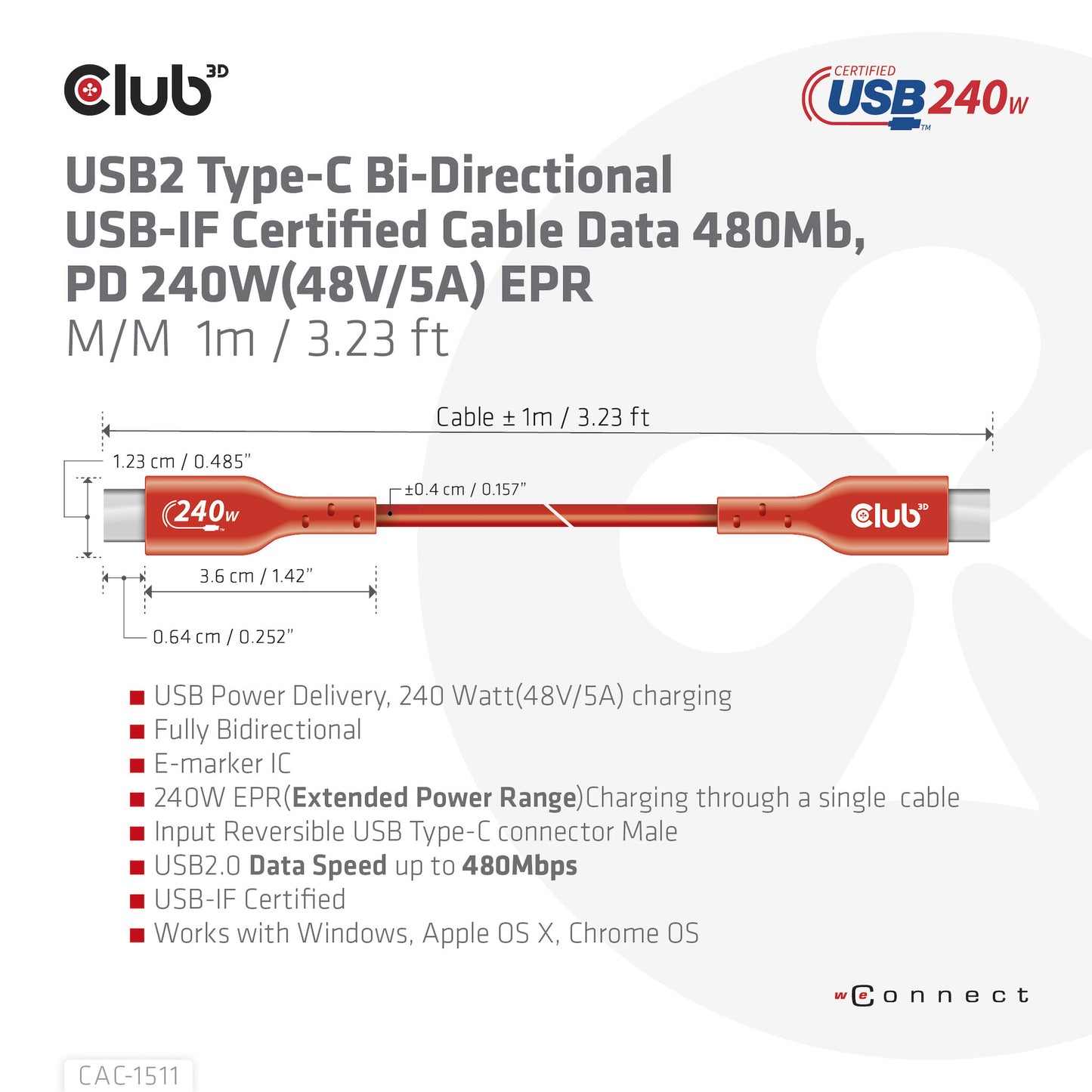 CLUB3D CAC-1511 USB-kablar 1 m USB 2.0 USB C Orange