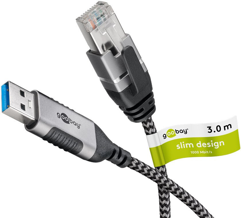 Goobay 74396 kabelomvandlare (hane/hona) USB 3.0 type A RJ45 Svart, Silver