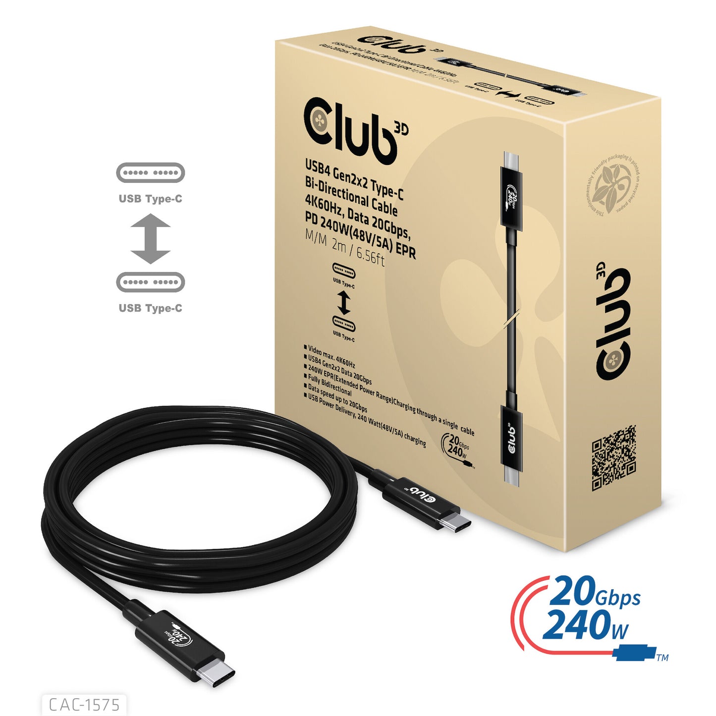 CLUB3D CAC-1575 USB-kablar USB4 Gen 2x2 2 m USB C Svart