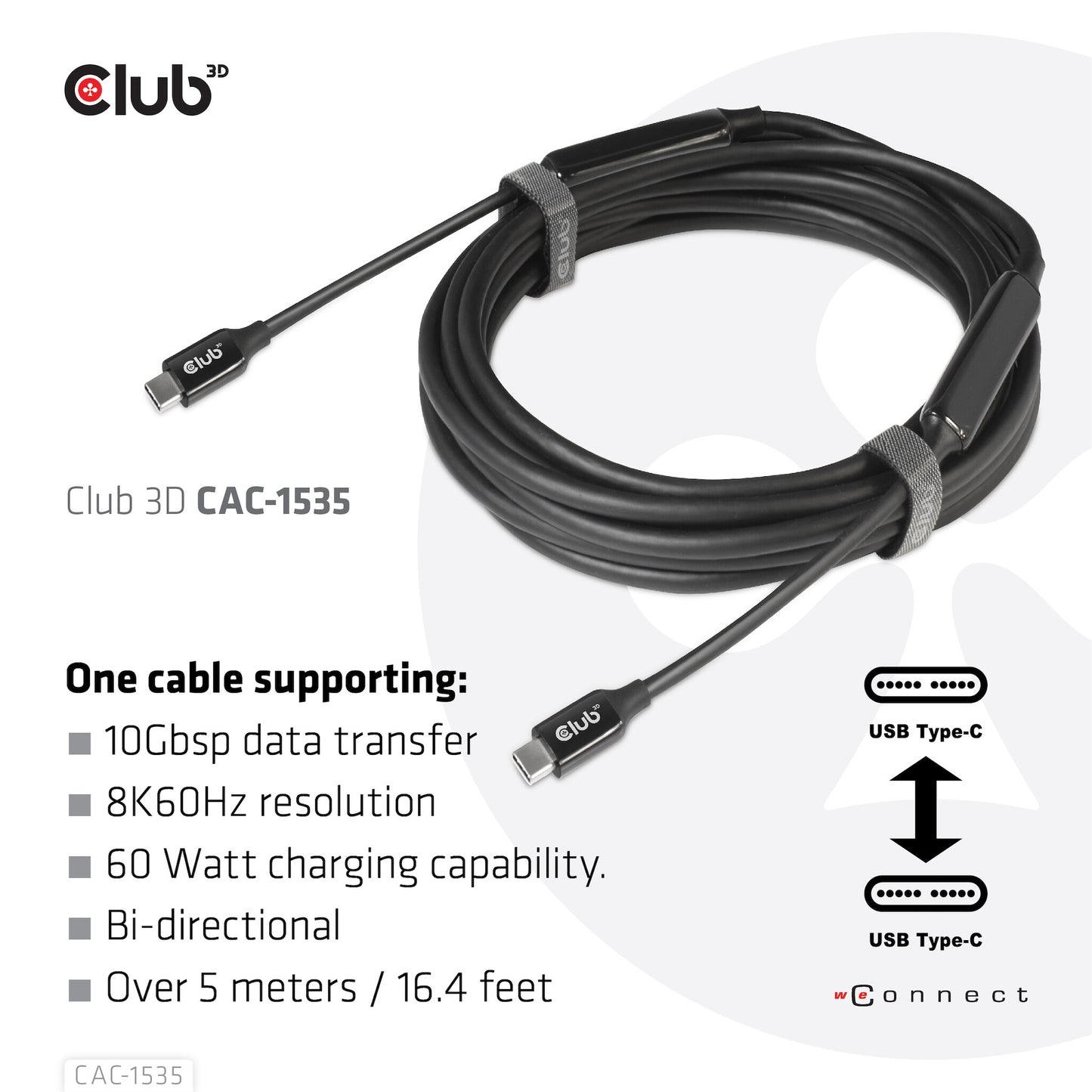 CLUB3D CAC-1535 USB-kablar USB 3.2 Gen 2 (3.1 Gen 2) 5 m USB C Svart