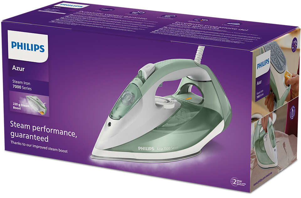 Philips 7000 series DST7012/70 strykjärn Ångstrykjärn SteamGlide Plus stryksula 2600 W Grön, Grå