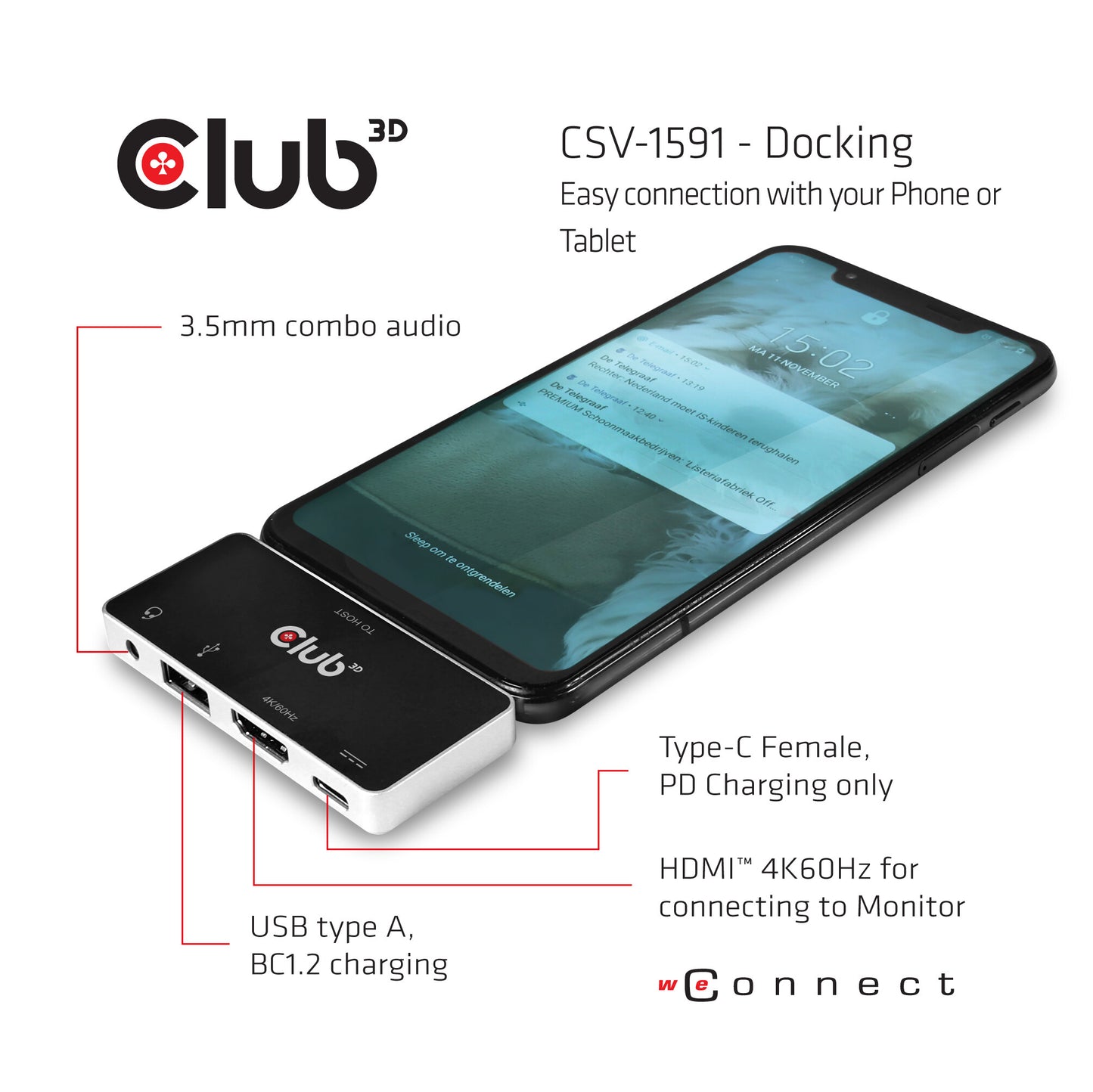 CLUB3D CSV-1591 dockningsstationer för bärbara datorer Dockning USB 3.2 Gen 1 (3.1 Gen 1) Type-C Svart, Krom