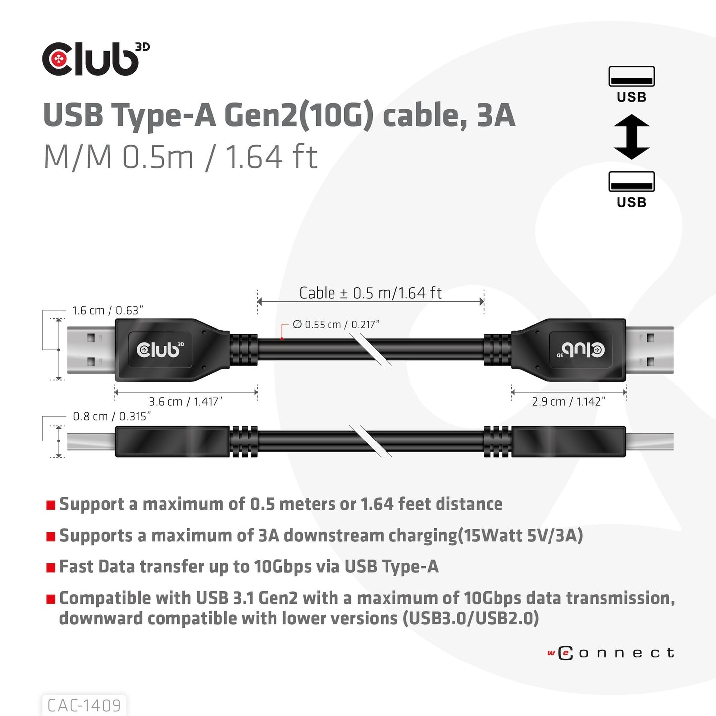 CLUB3D CAC-1409 USB-kablar USB 3.2 Gen 2 (3.1 Gen 2) 0,5 m USB A Svart