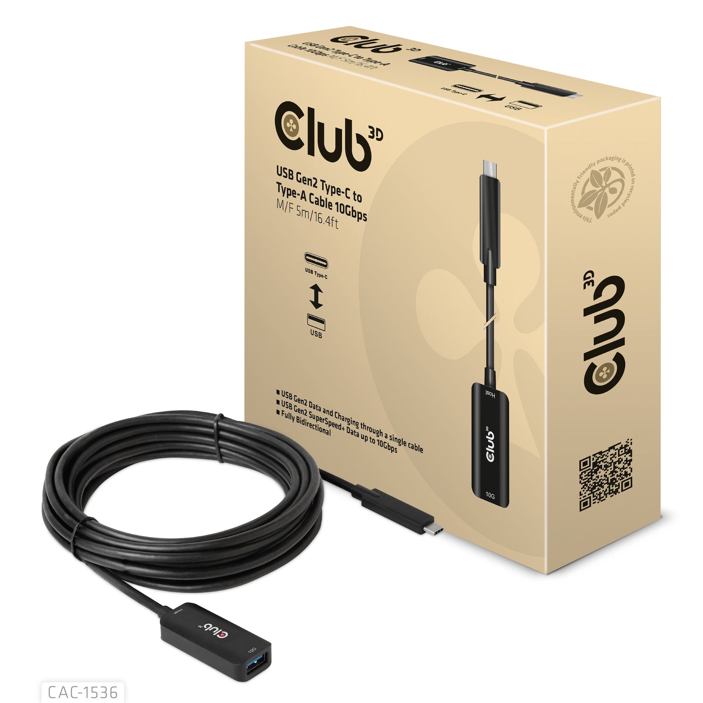 CLUB3D CAC-1536 USB-kablar USB 3.2 Gen 2 (3.1 Gen 2) 5 m USB C USB A Svart