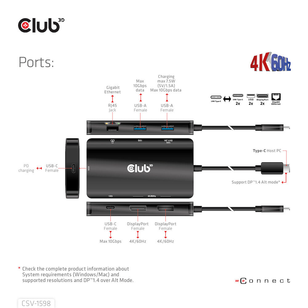CLUB3D CSV-1598 dockningsstationer för bärbara datorer USB 3.2 Gen 2 (3.1 Gen 2) Type-C Svart
