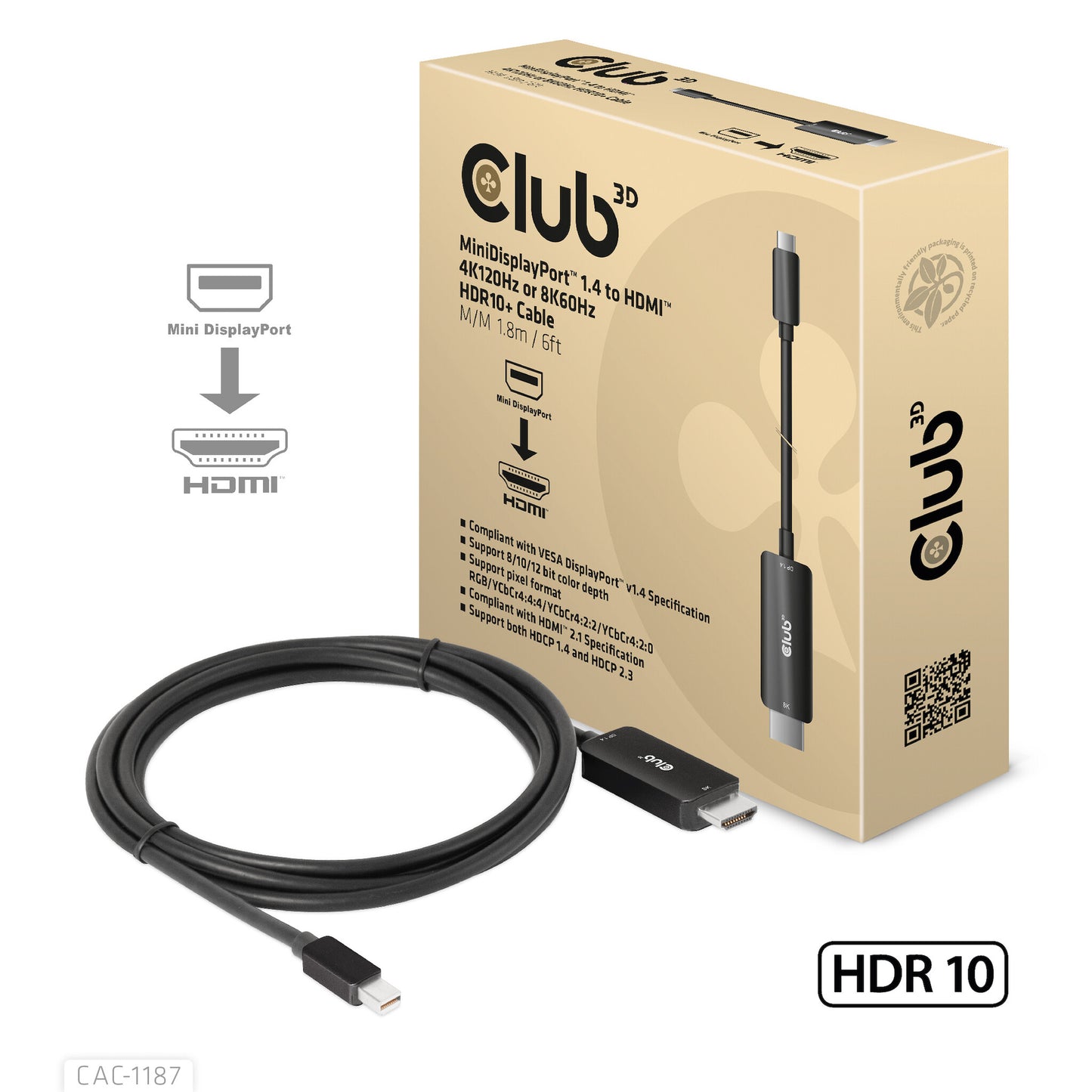 CLUB3D CAC-1187 videokabeladapter 1,8 m Mini DisplayPort HDMI Svart