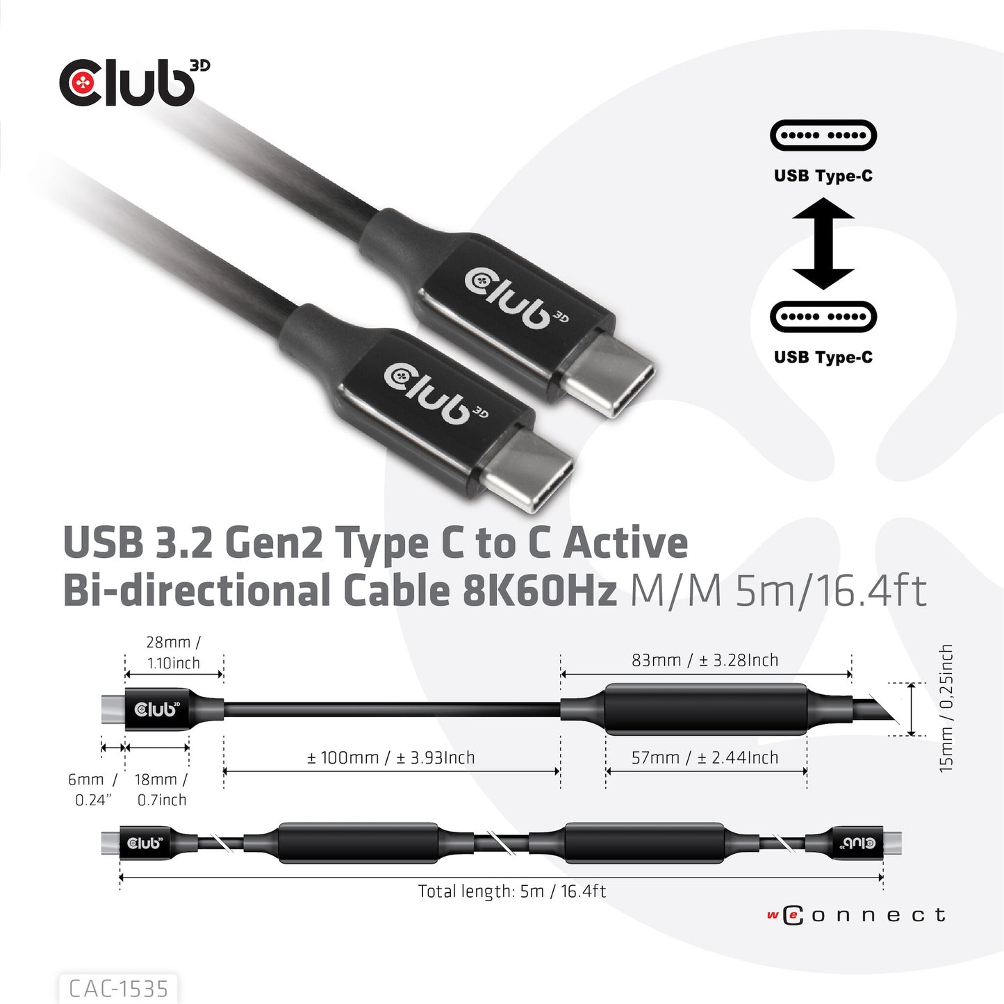 CLUB3D CAC-1535 USB-kablar USB 3.2 Gen 2 (3.1 Gen 2) 5 m USB C Svart