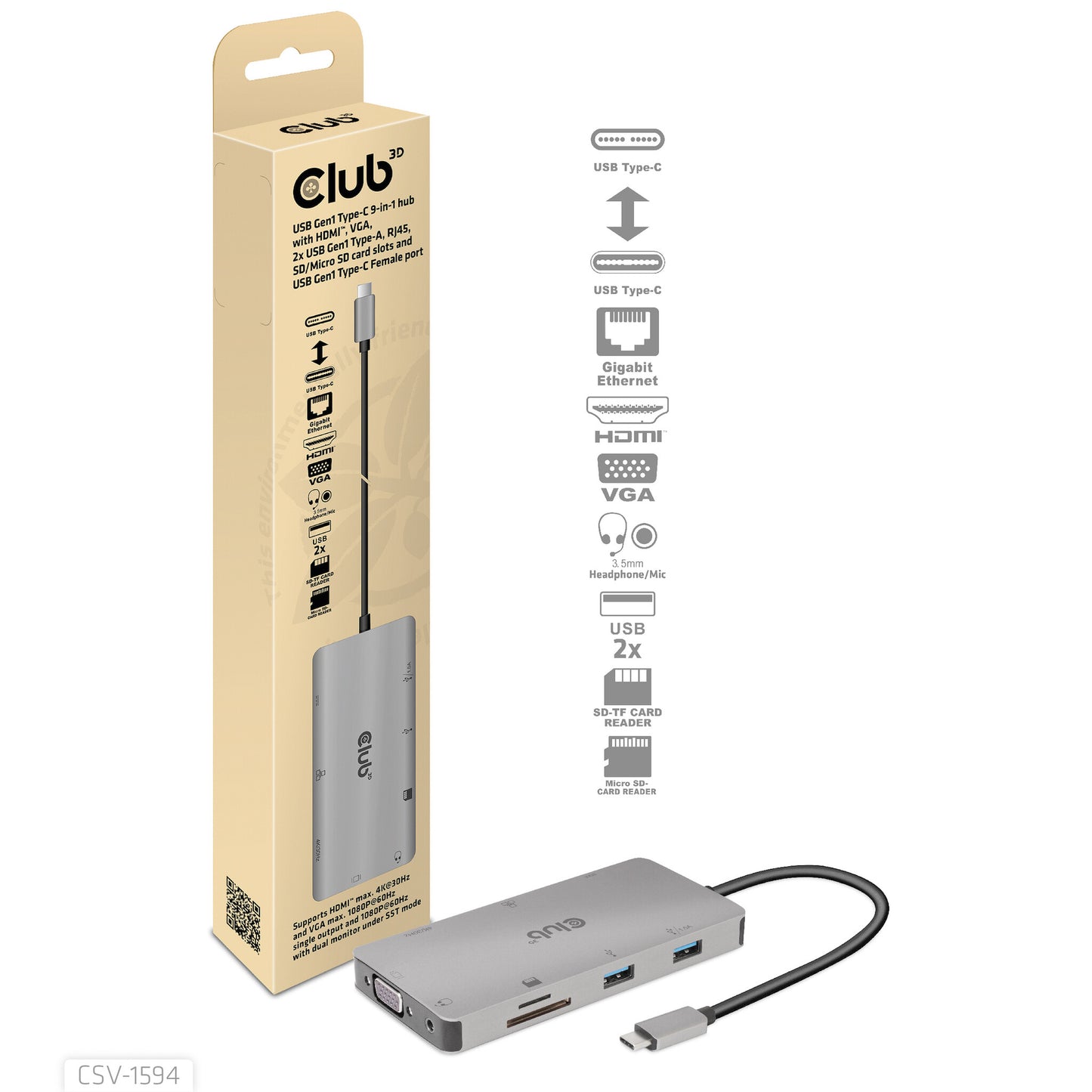 CLUB3D CSV-1594 dockningsstationer för bärbara datorer USB 3.2 Gen 1 (3.1 Gen 1) Type-C Svart, Grå