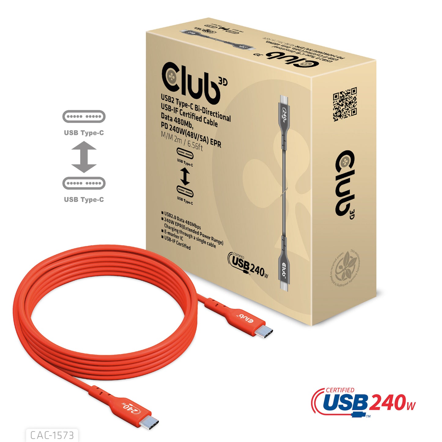 CLUB3D CAC-1573 USB-kablar 2 m USB4 Gen 2x2 USB C Röd
