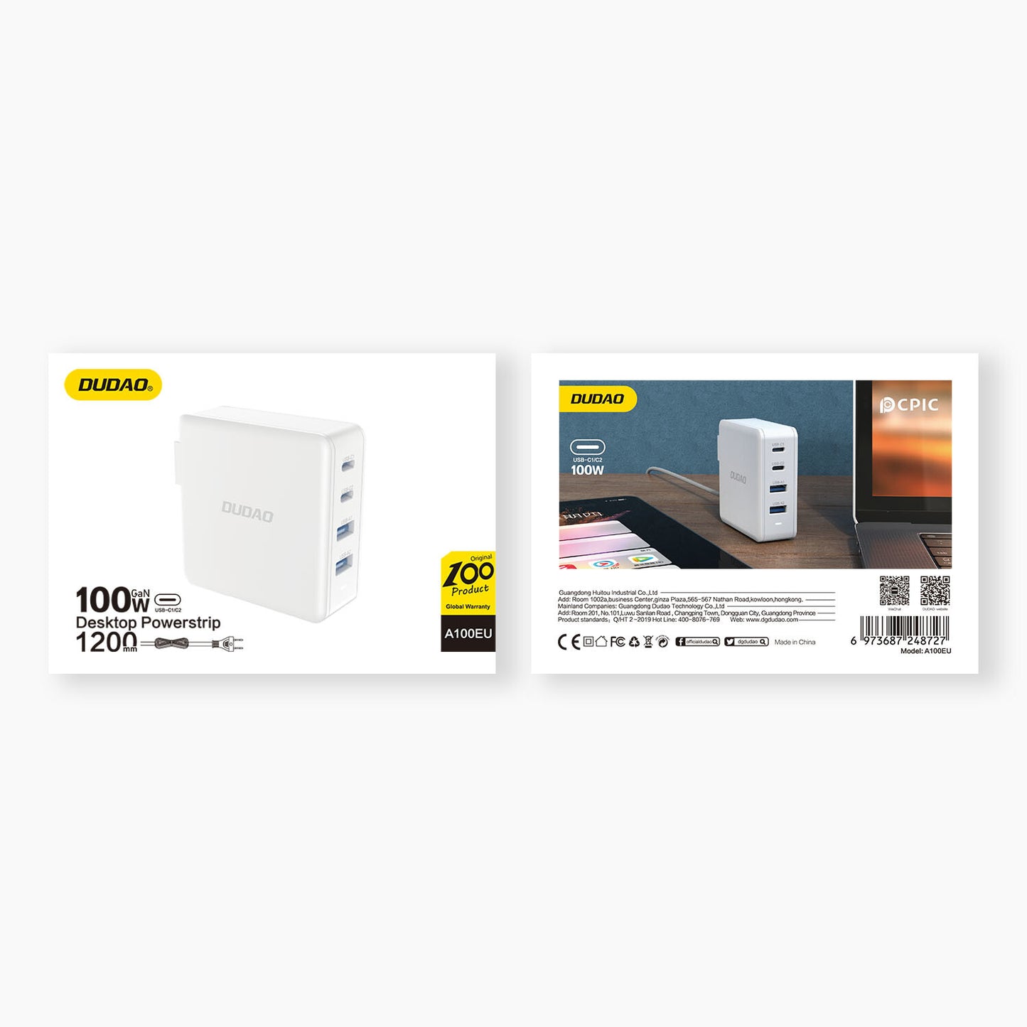 DUDAO Adapter GAN 100W Type Cx2+ 2xUSB White Universal Vit AC Snabb laddning inomhus
