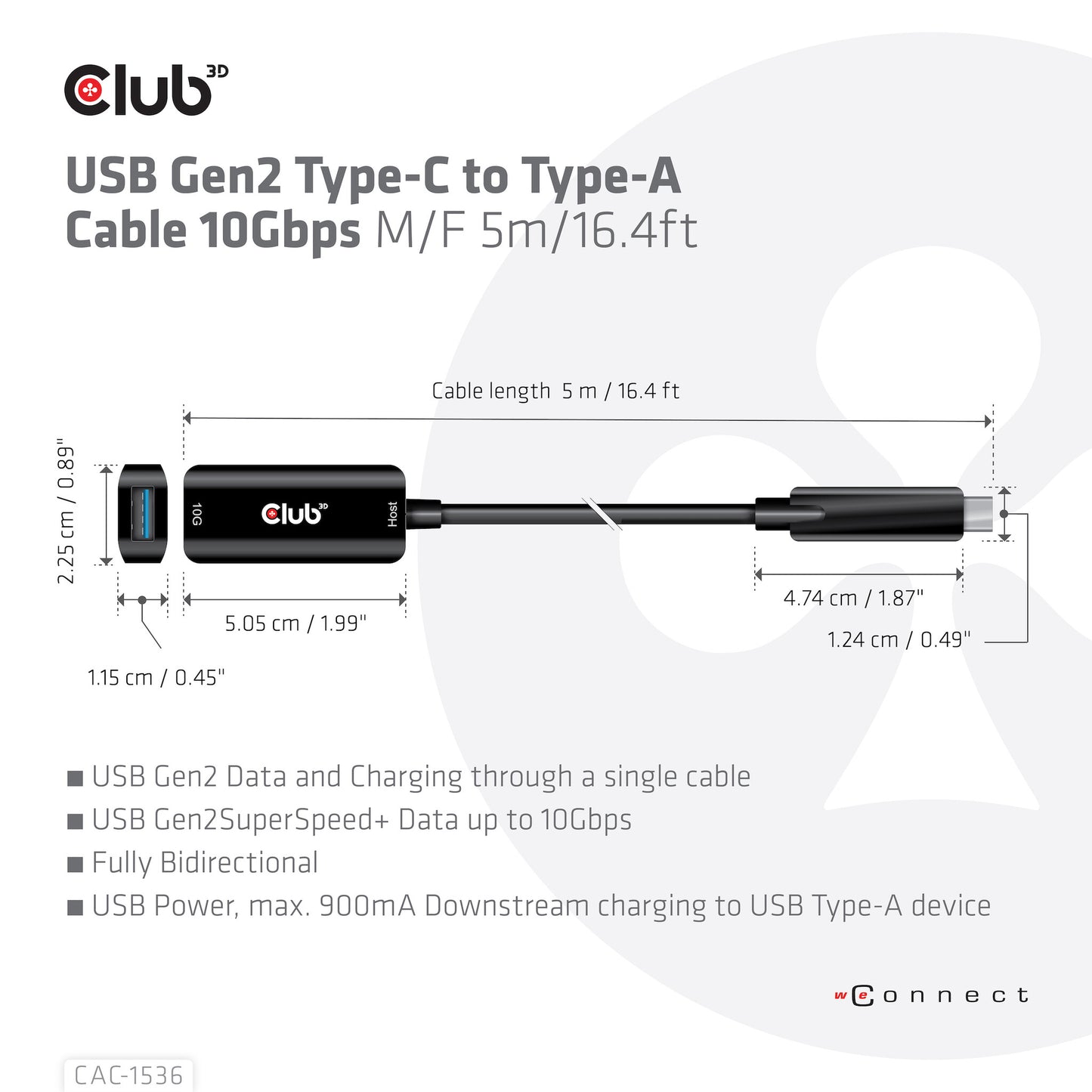 CLUB3D CAC-1536 USB-kablar USB 3.2 Gen 2 (3.1 Gen 2) 5 m USB C USB A Svart
