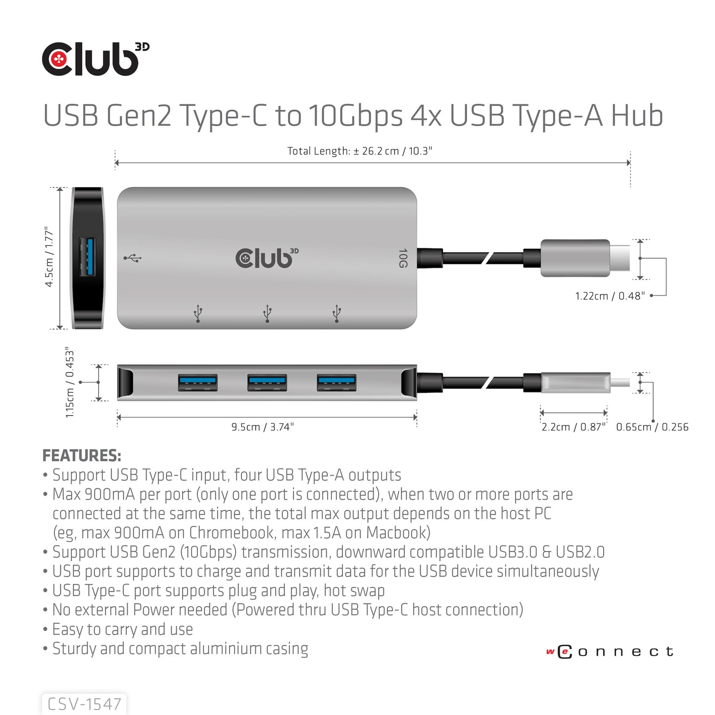 CLUB3D CSV-1547 gränssnittshubbar USB 3.2 Gen 2 (3.1 Gen 2) Type-C 10000 Mbit/s Svart, Silver