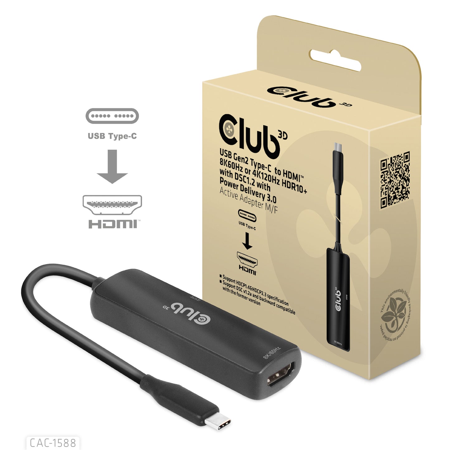 CLUB3D CAC-1588 videokabeladapter 0,17 m USB Type-C HDMI Svart